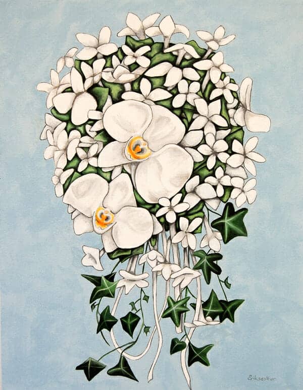 Nancy's bridal bouquet painting - original painting by Erica Eriksdotter of Studio Eriksdotter of wedding flowers for her birthday