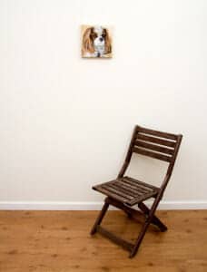 Bella, the Princess – original pet portrait, with chair Pet portrait of a french bulldog by artist Erica Eriksdotter and a chair