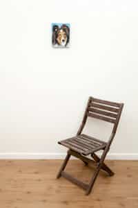 Trixie’s Portrait – original pet portrait, with chair Pet portrait of a french bulldog by artist Erica Eriksdotter and a chair