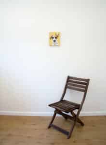 Fiver, the Puppy – original pet portrait, with chair Pet portrait of a french bulldog by artist Erica Eriksdotter and a chair