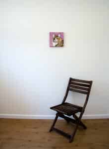 Pet portrait of a french bulldog by artist Erica Eriksdotter and a chair