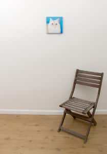Frisky, the Kitty – original pet portrait, with chair Pet portrait of a french bulldog by artist Erica Eriksdotter and a chair