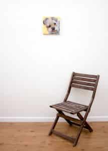 Mosby’s Portrait – original pet portrait, with chair Pet portrait of a french bulldog by artist Erica Eriksdotter and a chair