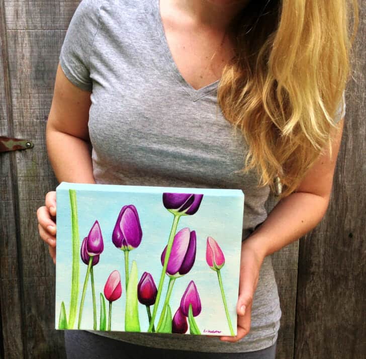 Erica and Field of Purple Tulips