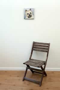 Elsa’s Pet Portrait – original painting, front with chair Pet portrait of a french bulldog by artist Erica Eriksdotter and a chair