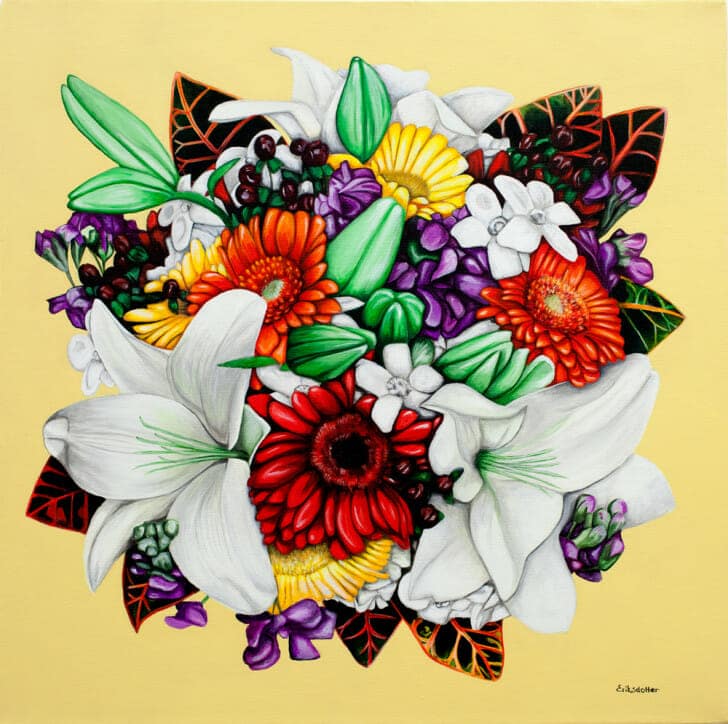 Tara’s Bridal Bouquet, original painting Tara's bridal bouquet painting - original acrylic by Erica Eriksdotter of Studio Eriksdotter. A unique way of preserving your wedding bouquet flowers.