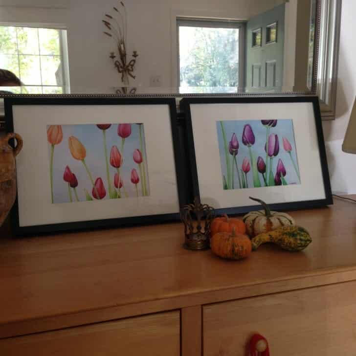 "Field of Tulips" and "Field of Purple Tulips" fine art prints framed in 12x16 inch frames.