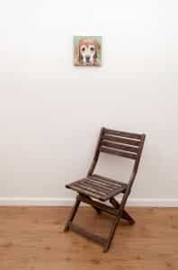 Maggie’s Portrait – original acrylic painting by Erica Eriksdotter, with chair Pet portrait of a french bulldog by artist Erica Eriksdotter and a chair
