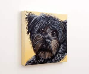 Jax’s Portrait – original acrylic painting by Erica Eriksdotter, left Pet portrait of a french bulldog by artist Erica Eriksdotter