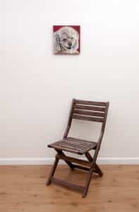 Cocoa’s Portrait – Original pet portrait by Erica Eriksdotter, with chair Pet portrait of a french bulldog by artist Erica Eriksdotter and a chair
