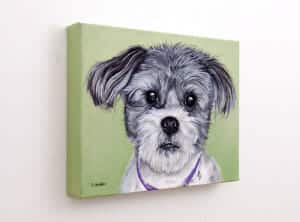Gadget’s Portrait – original pet portrait painting by Erica Eriksdotter, left Pet portrait of a french bulldog by artist Erica Eriksdotter