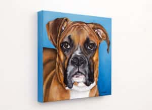 Original pet portrait of Berkley by Erica Eriksdotter, left Pet portrait of a french bulldog by artist Erica Eriksdotter