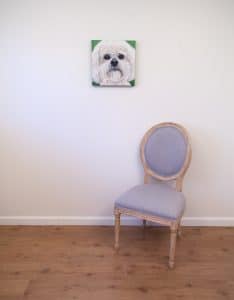 Boomer’s Portrait, original acrylic by Erica Eriksdotter, with chair Pet portrait of a french bulldog by artist Erica Eriksdotter and a chair
