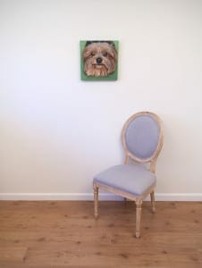 Lexie’s Portrait, original acrylic by Erica Eriksdotter, with chair Pet portrait of a french bulldog by artist Erica Eriksdotter and a chair
