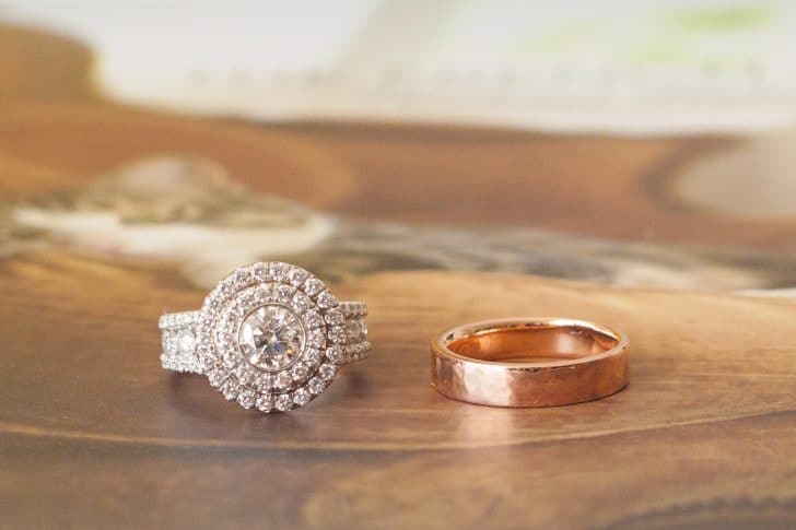 Erica Eriksdotter's wedding rings. Michael M. setting with custom made top and a 5mm rose gold, hammered, wedding band | StudioEriksdotter.com 