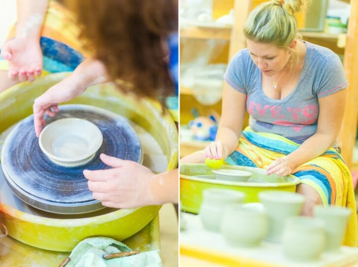 Erica Eriksdotter and DD Lecky throwing pottery