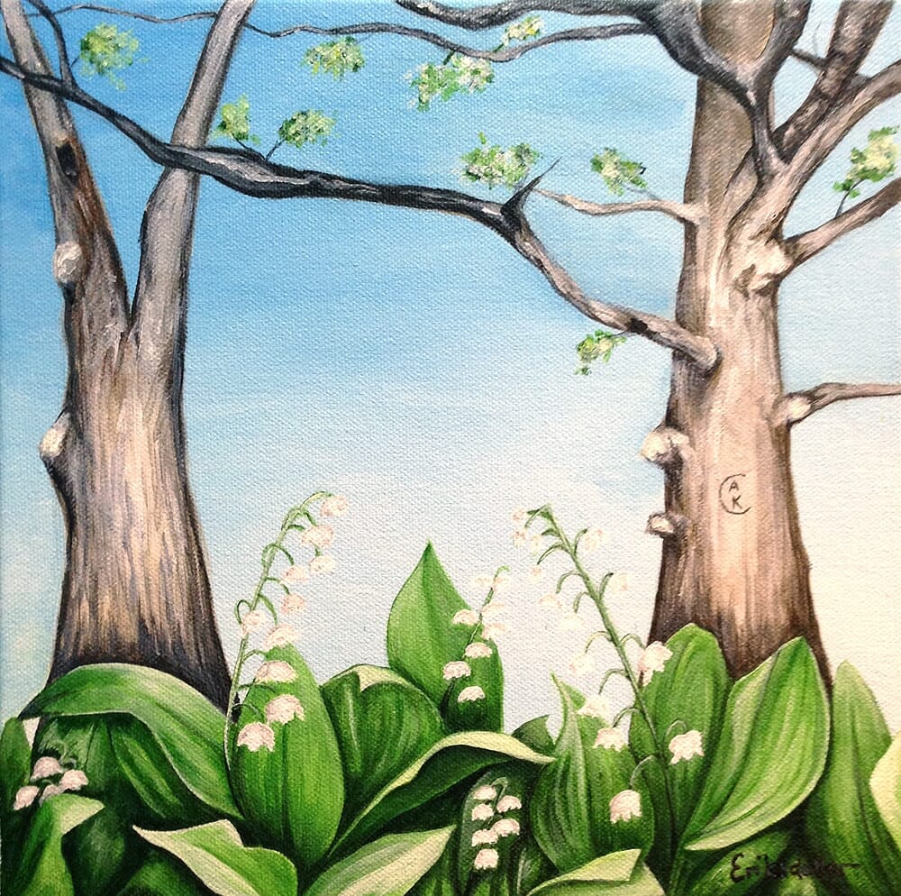 Original painting of two trees and lily of the valley flowers by Erica Eriksdotter