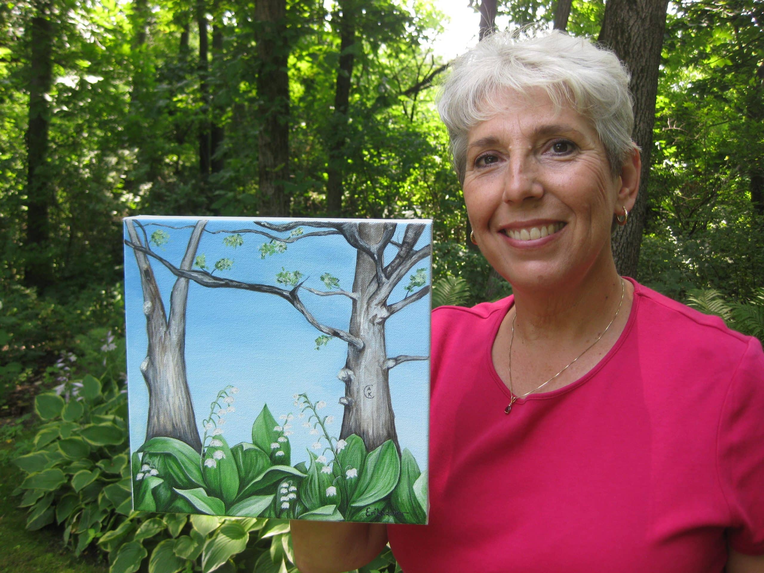 Grandmother’s Lily of the Valley_KC Original painting of two trees and lily of the valley flowers by Erica Eriksdotter