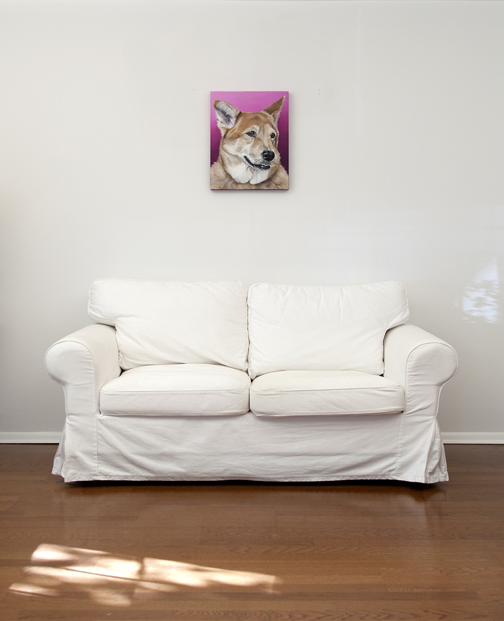 Pet portrait of a french bulldog by artist Erica Eriksdotter and a chair