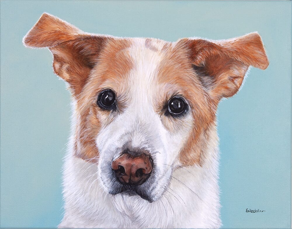 Custom dog portrait of a lab, collie and husky mix by artist Erica Eriksdotter