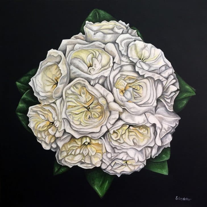 IMG_2275_closeup_1000 Jess' bridal bouquet painting - original acrylic by Erica Eriksdotter of Studio Eriksdotter. A unique way of preserving your wedding bouquet flowers.