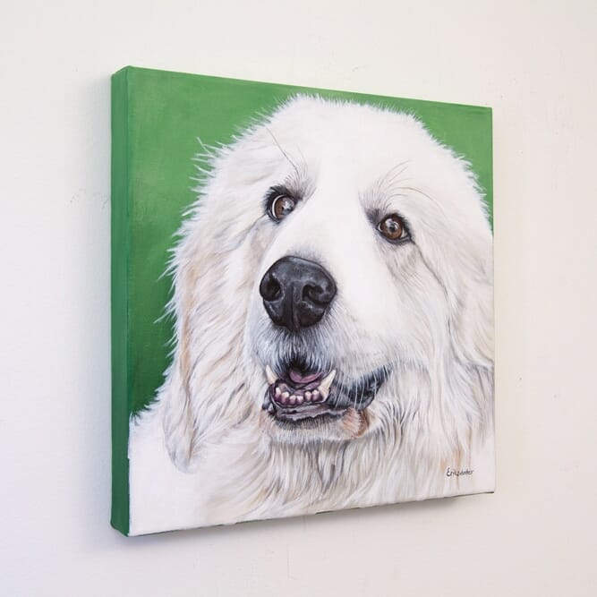 Sugar Bear's original pet portrait of a white great Pyrenees on green background