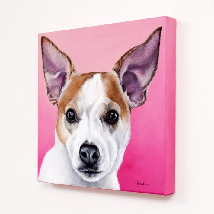 Custom dog portrait of Olive, a jack russell and chihuahua dog by fine arts painter Erica Eriksdotter, right