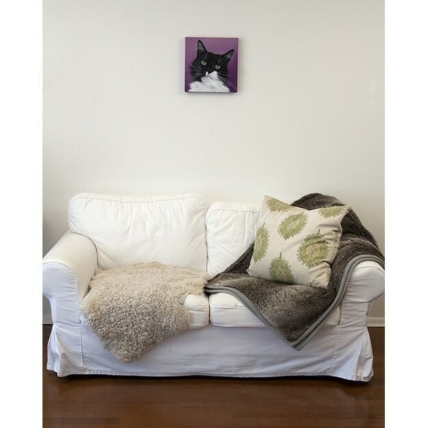 Pashy's original pet portrait of a black and white cat on purple background