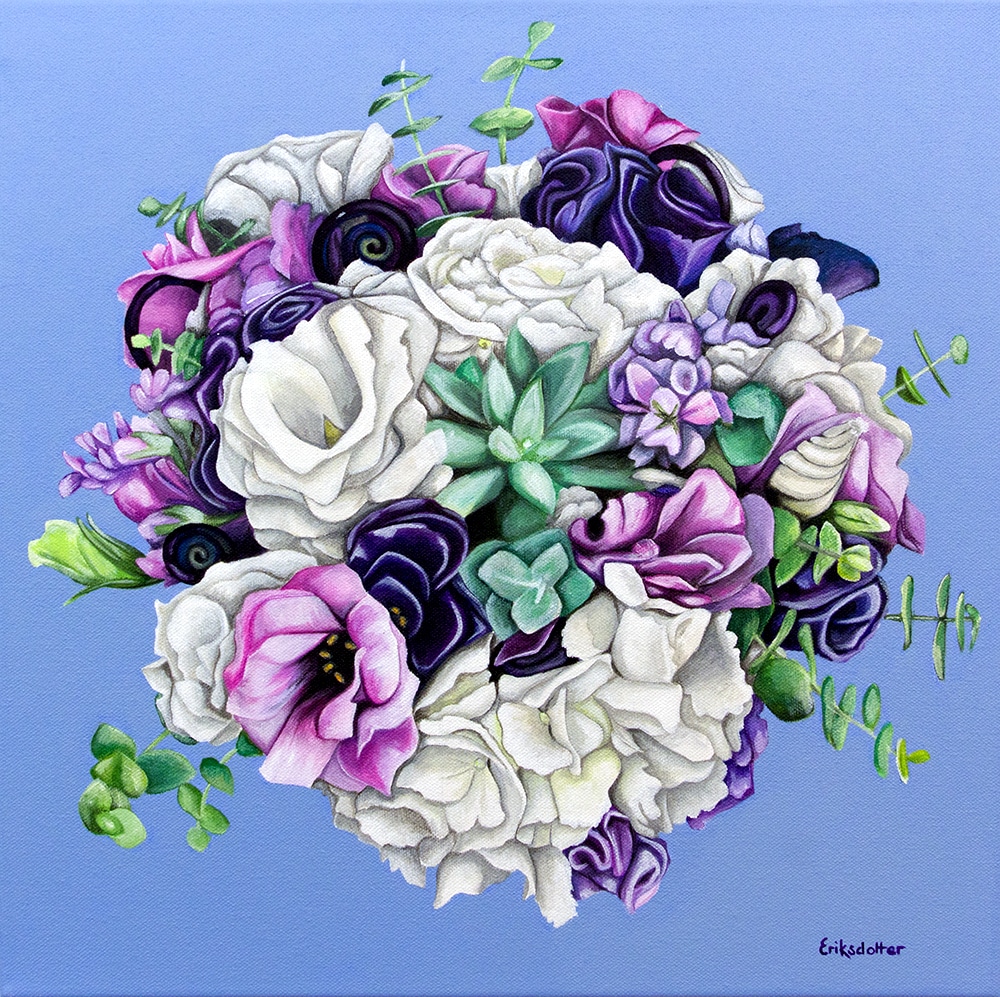 Leigh's bridal bouquet painting - original acrylic by Erica Eriksdotter of Studio Eriksdotter. A unique way of preserving your wedding bouquet flowers.