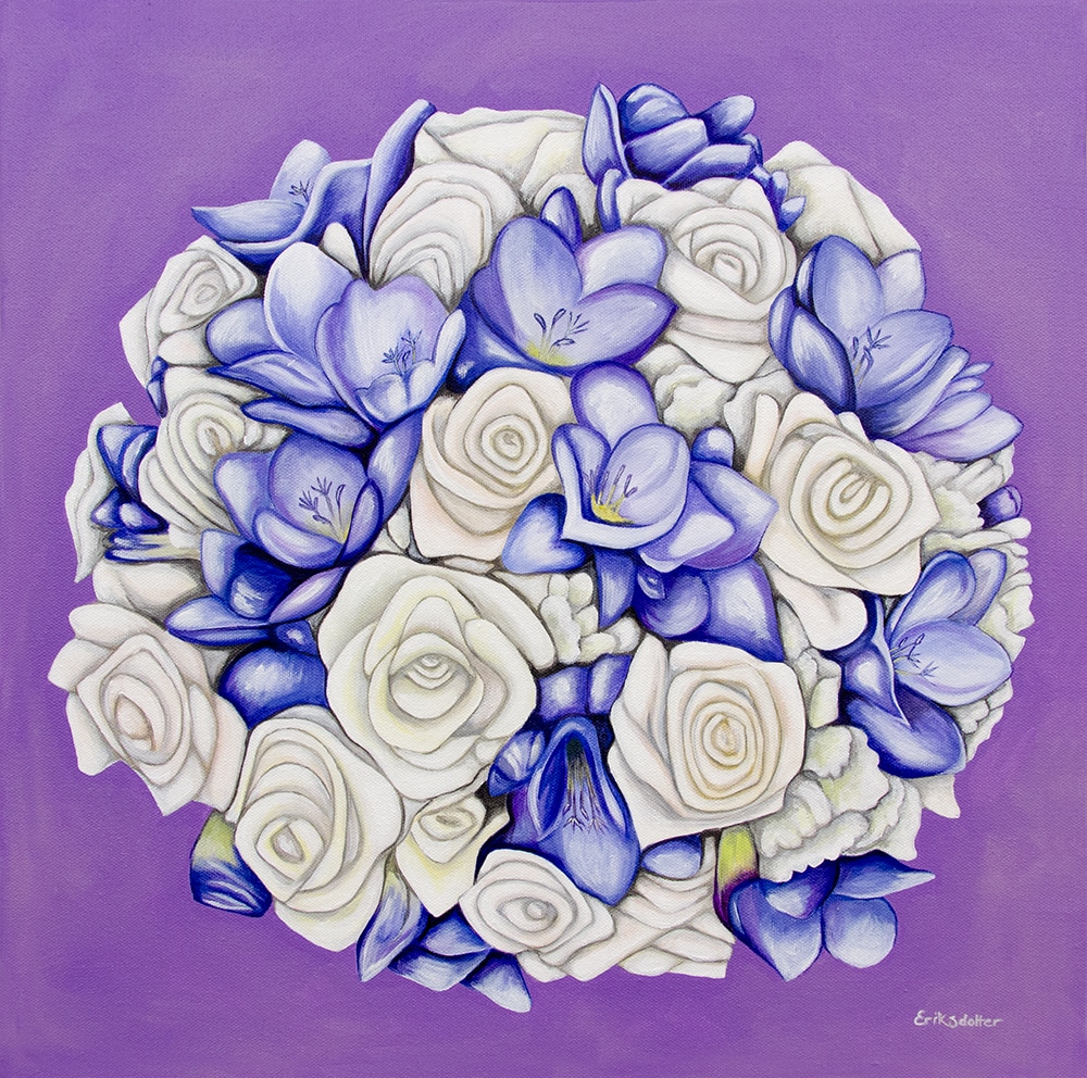 Diana's bridal bouquet painting - original acrylic by Erica Eriksdotter of Studio Eriksdotter. A unique way of preserving your wedding bouquet flowers.