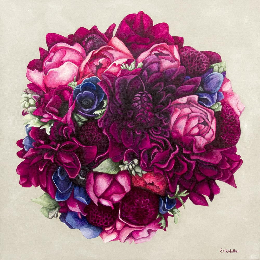 Kate's bridal bouquet painting - original acrylic by Erica Eriksdotter of Studio Eriksdotter. A unique way of preserving your wedding bouquet flowers.