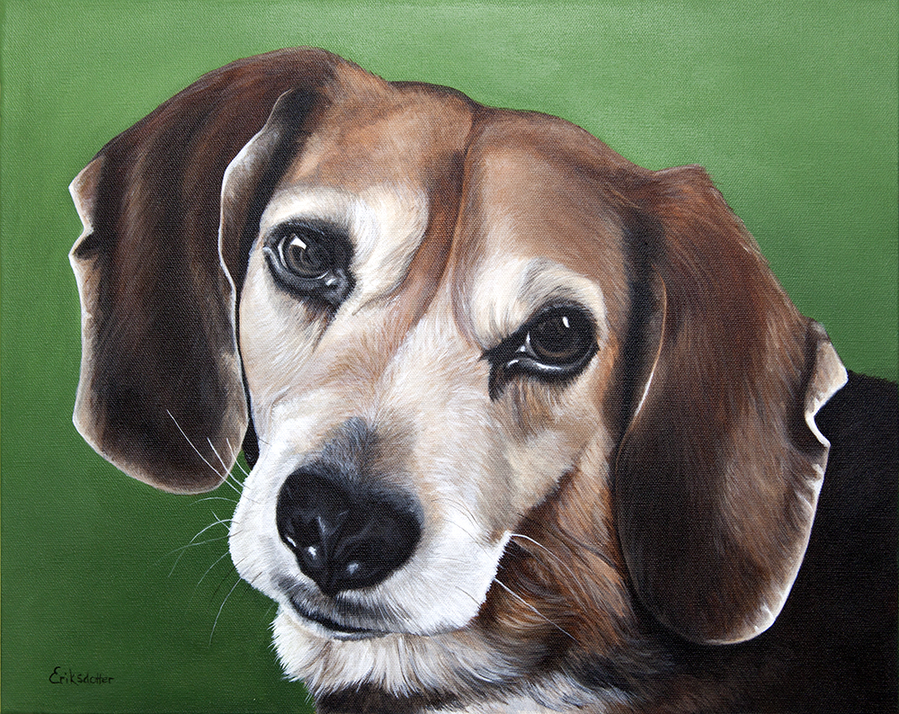 Custom dog portrait of a beagle dog by fine arts painter Erica Eriksdotter