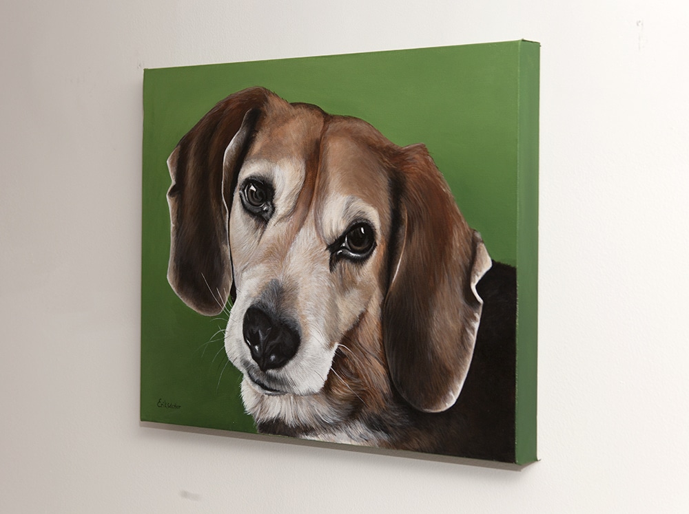 Custom dog portrait of a beagle dog by fine arts painter Erica Eriksdotter