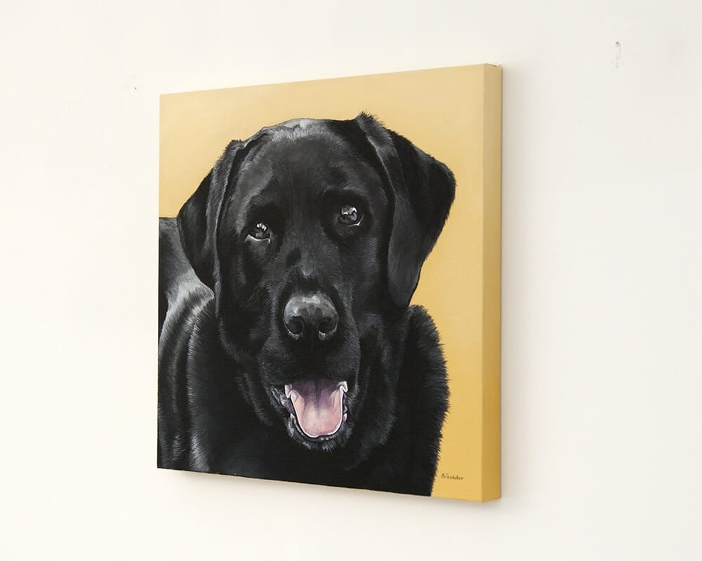 Custom dog portrait of a black labrador dog by fine arts painter Erica Eriksdotter