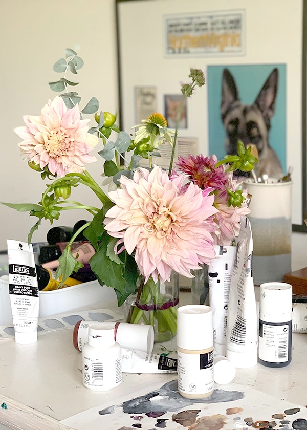 Fresh flowers in a art studio setting