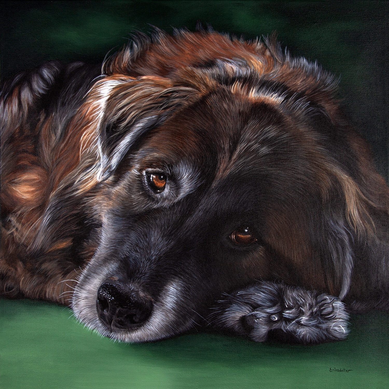 Custom pet portrait of a brown and black dog resting on its paw, featuring lifelike details and expressive eyes on a green background, created by animal portrait artist Erica Eriksdotter.