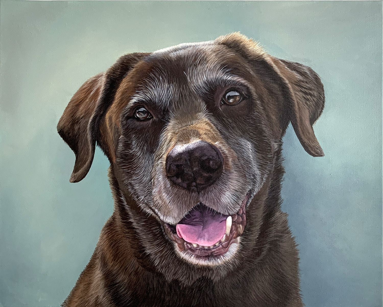 Custom hand-painted portrait of a chocolate Labrador with a joyful expression on a soft green background by Erica Eriksdotter.