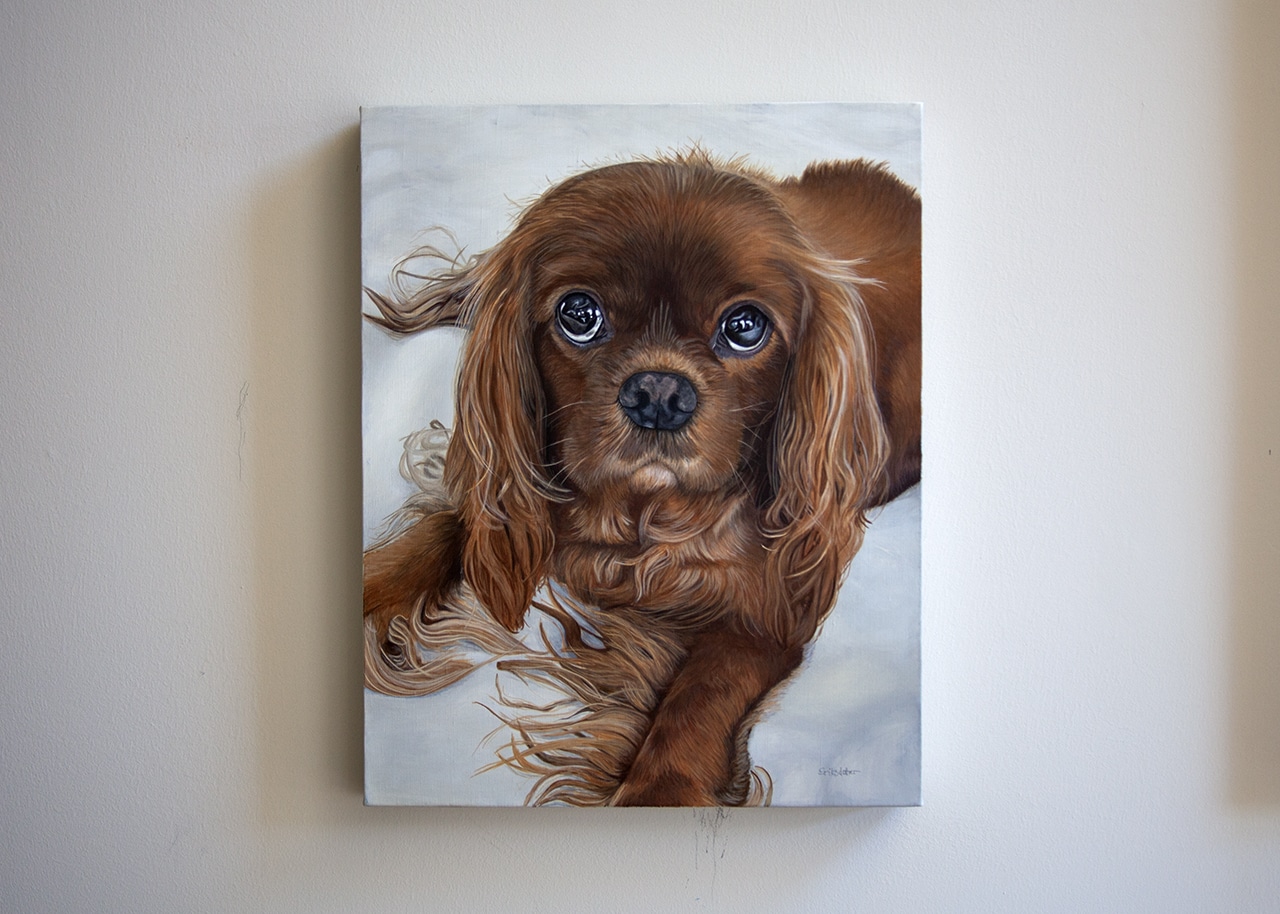 Heirloom pet portrait of Rusty by luxury pet portrait artist Erica Eriksdotter.