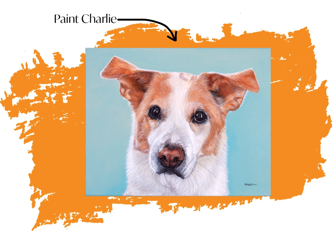 Portrait of a white-and-brown dog on a teal background, framed by an orange paint-splash border with 'Paint Charlie' in the top-left.